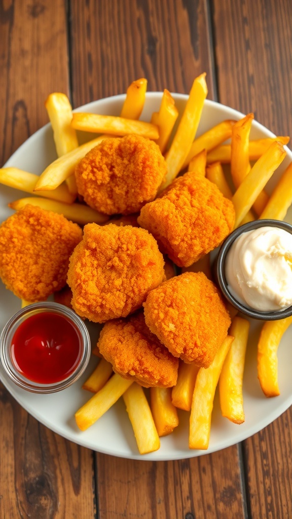 A plate of chicken nuggets, French fries, and ice cream with dipping sauces on a rustic table.